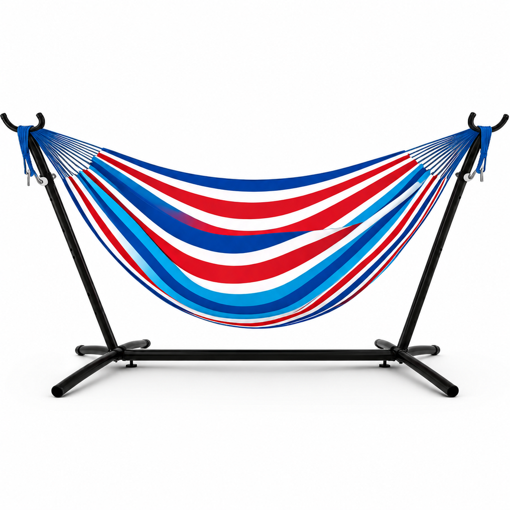 Hamac XXL Rayé avec Structure – 1 Personne, Capacité 200 kg, Intérieur & Extérieur