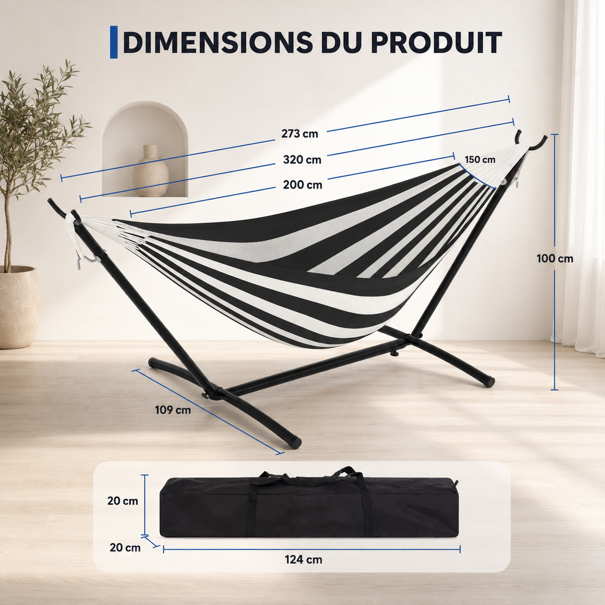 Hamac XXL Rayé avec Structure – 1 Personne, Capacité 200 kg, Intérieur & Extérieur