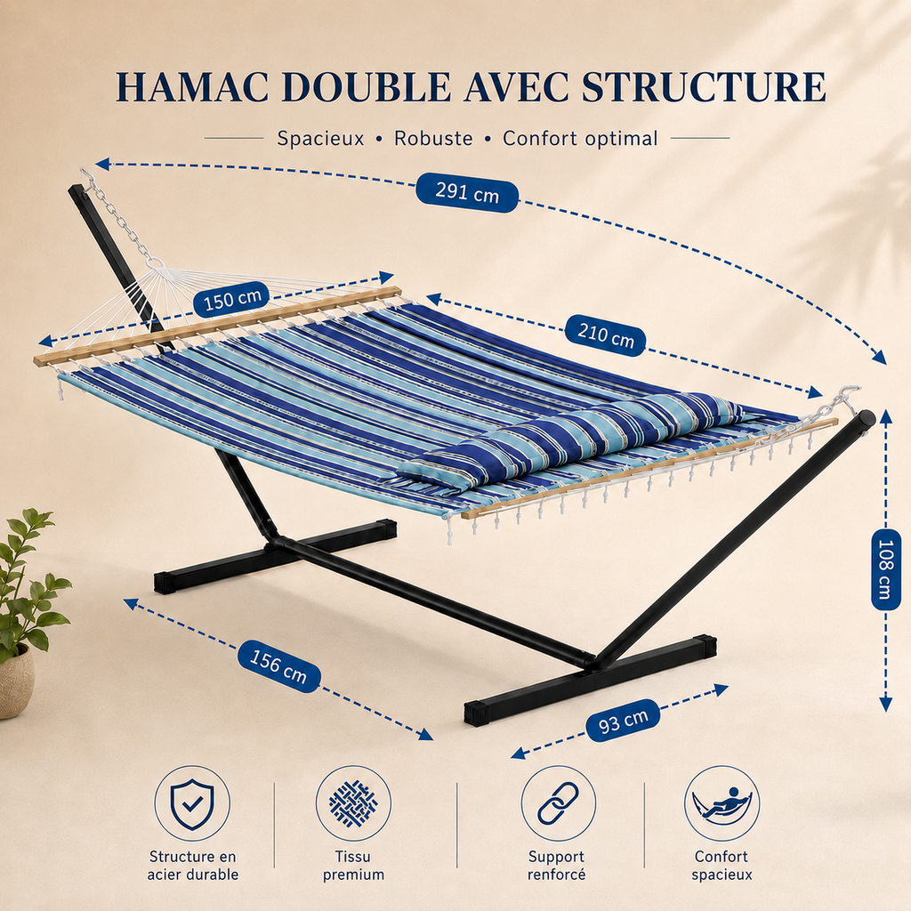 Hamac Double avec Structure – Capacité 215 kg, Oreiller & Sac Inclus, Jardin & Terrasse