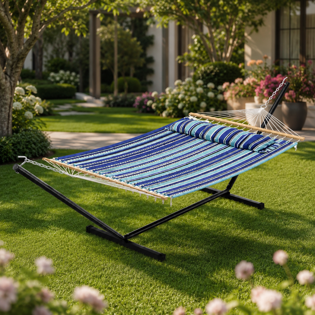 Hamac Double avec Structure – Capacité 215 kg, Oreiller & Sac Inclus, Jardin & Terrasse