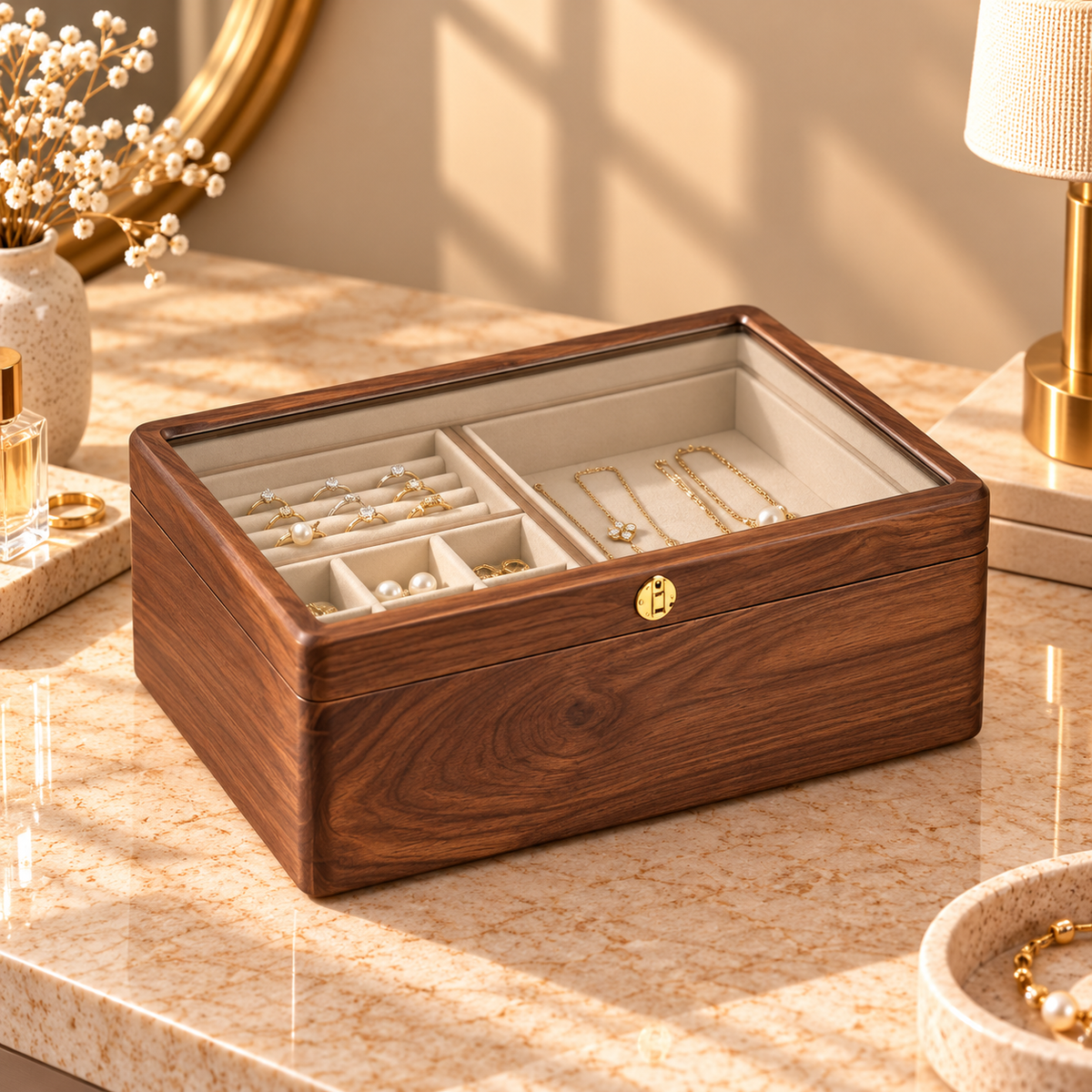 Boîte à Bijoux Noyer – Couvercle Vitré — Maison Kidora · Vue du modèle et de ses compartiments
