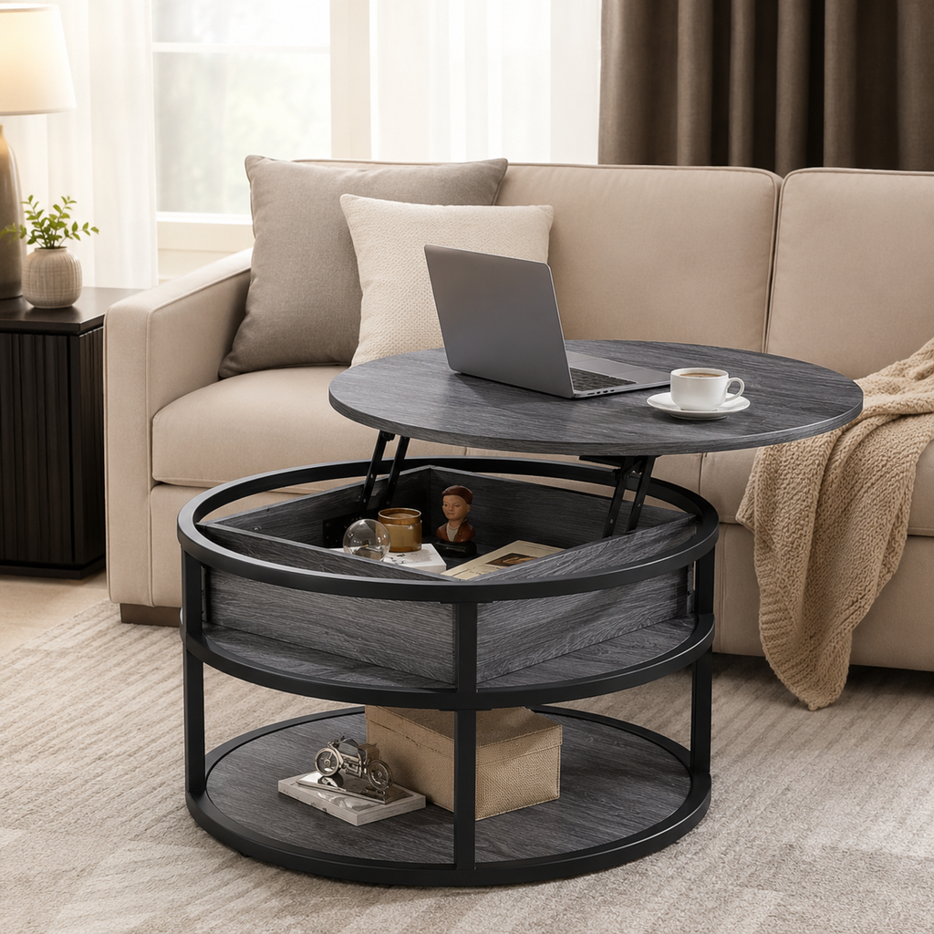 Table basse ronde relevable en bois et métal – Collection Léa