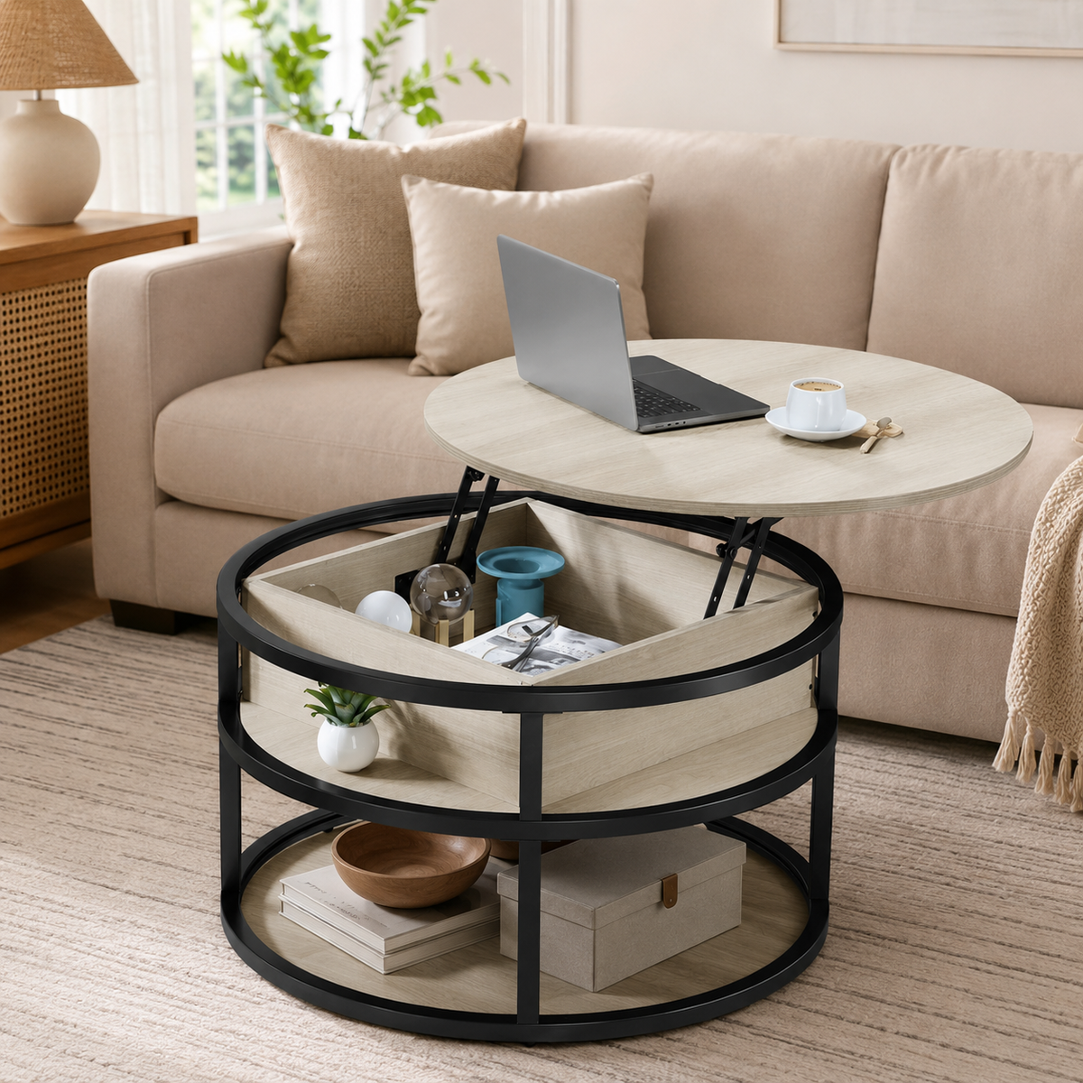 Table basse ronde relevable en bois et métal – Collection Léa