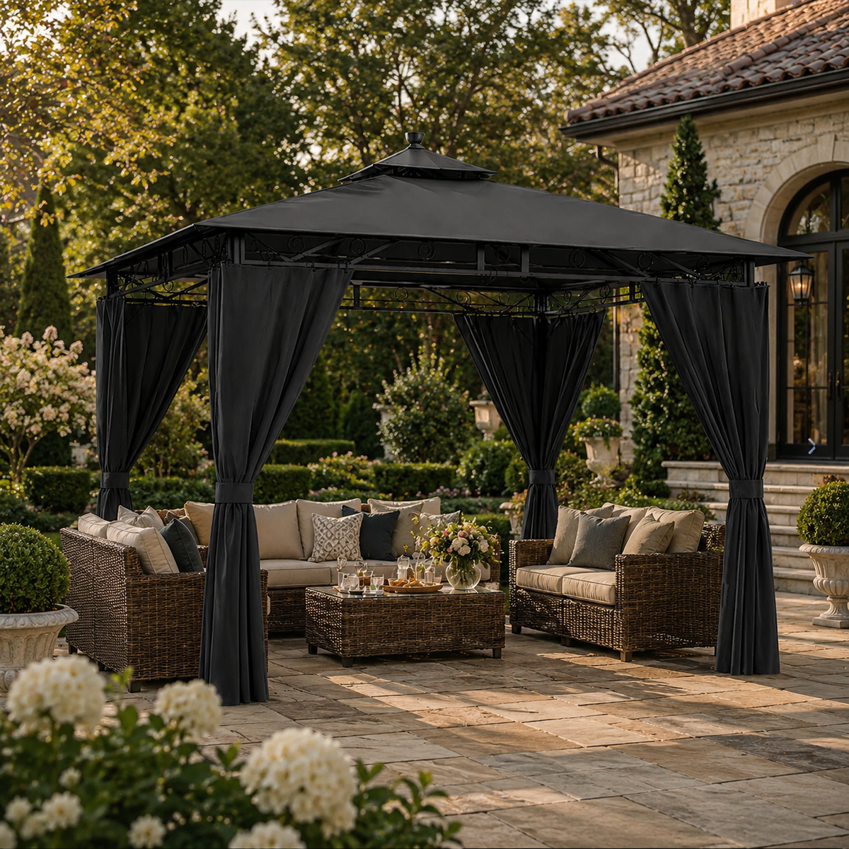 Pavillon de Jardin 3x3m Estiva — Imperméable, Structure Métallique, Rideaux Inclus