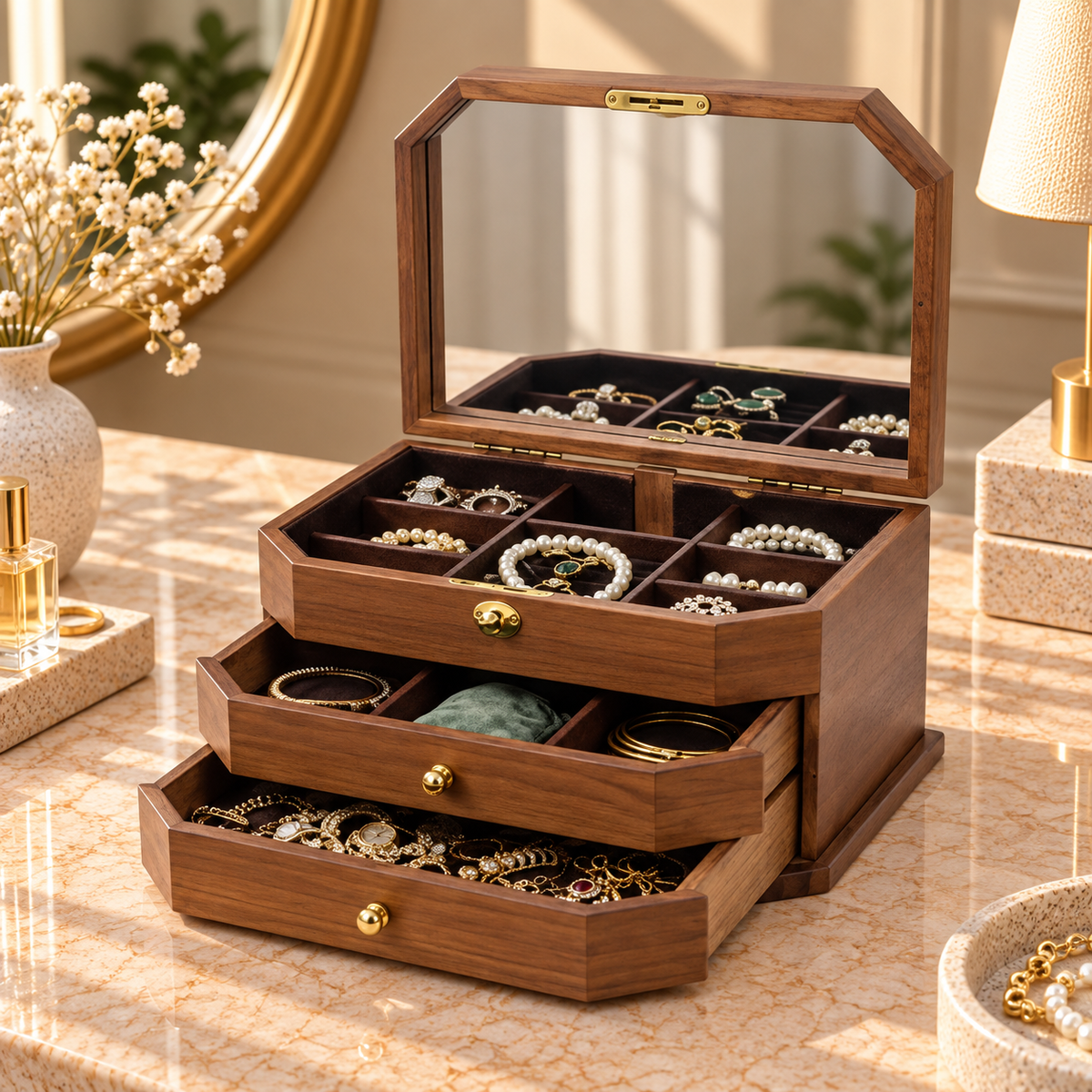 Boîte à Bijoux Bois – Miroir & Serrure 3 Niveaux — Maison Kidora · Vue du modèle et de ses compartiments