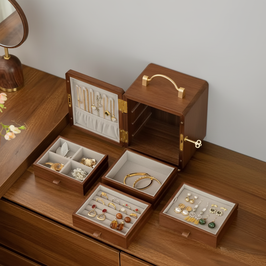Grande Boîte à Bijoux Bois – Feuilles Dorées — Maison Kidora · Vue du modèle et de ses compartiments