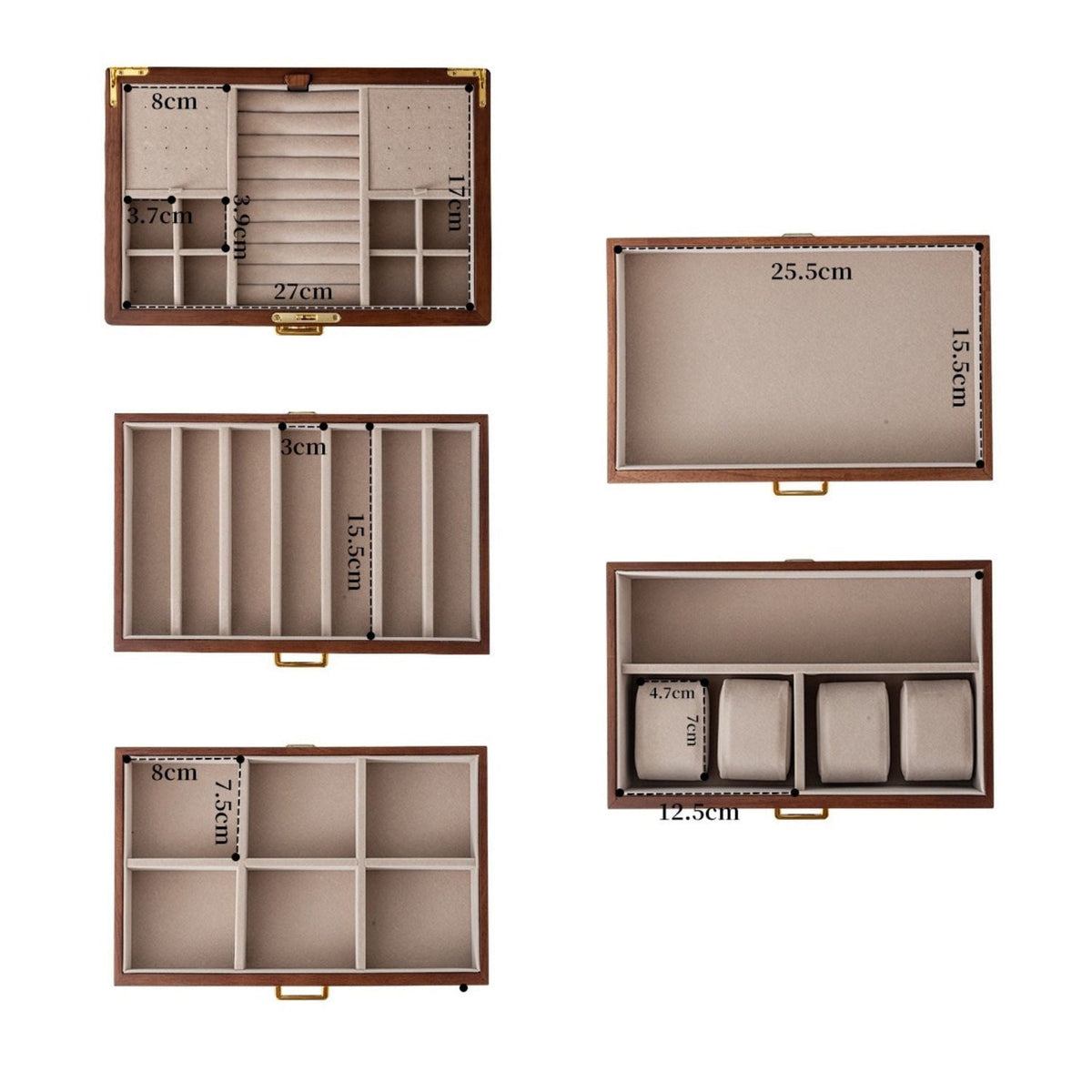 Boîte à Bijoux Noyer Modulable — Maison Kidora · Vue du modèle et de ses compartiments