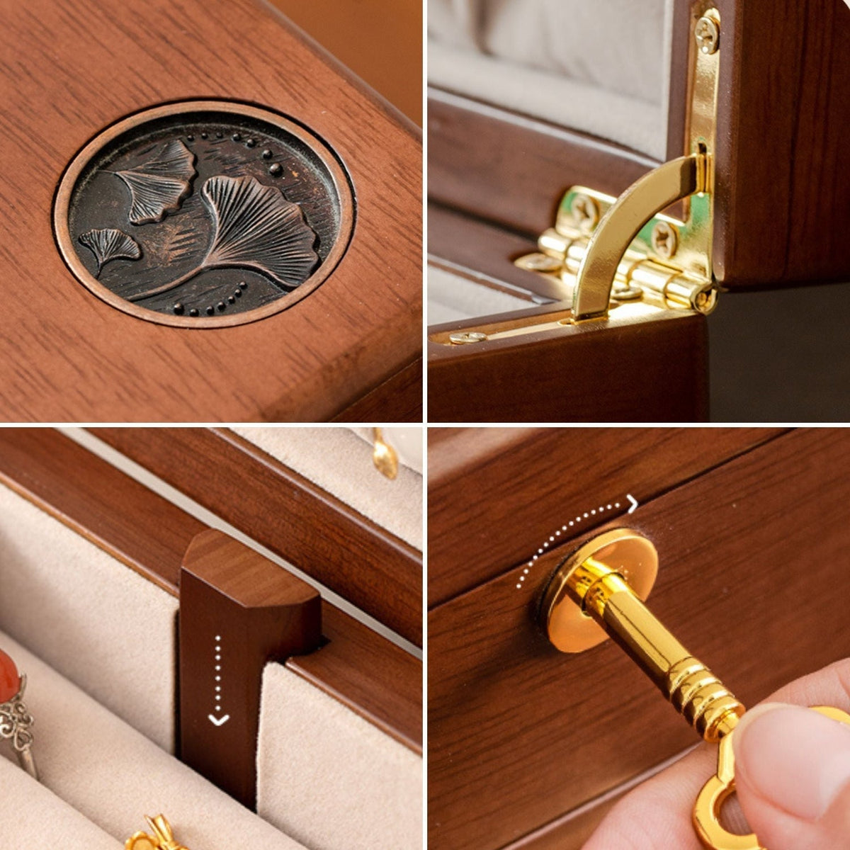 Boîte à Bijoux Noyer Modulable — Maison Kidora · Vue du modèle et de ses compartiments