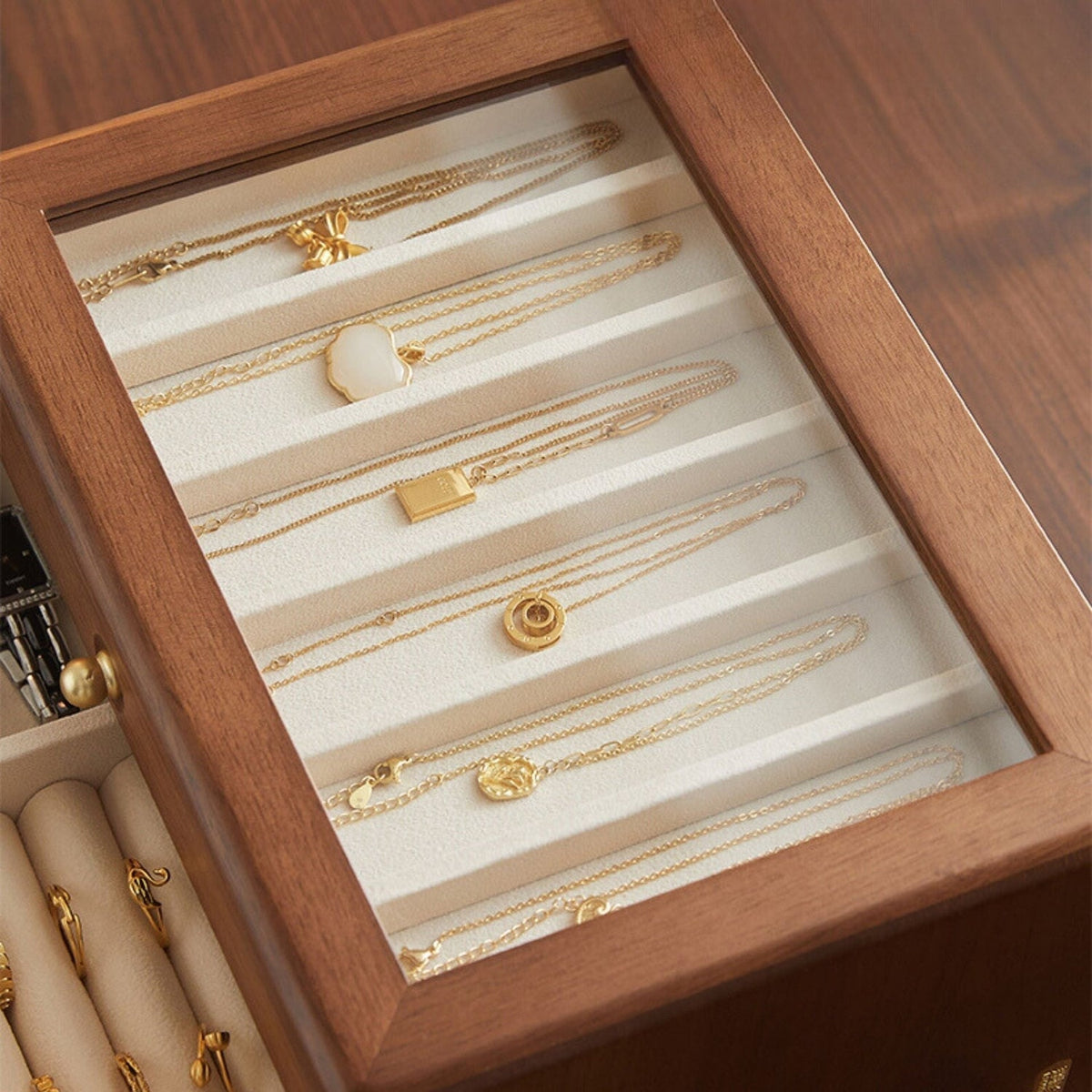 Coffret à Bijoux Vitré – 3 ou 4 Niveaux — Maison Kidora · Vue du modèle et de ses compartiments
