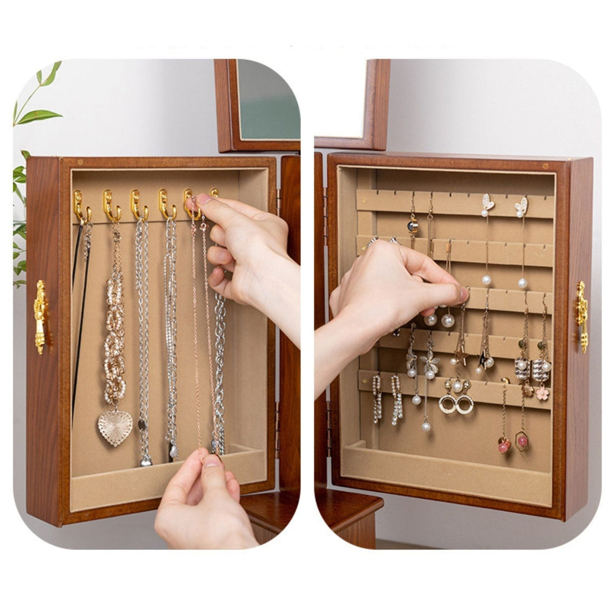 Grande Boîte à Bijoux Bois – 9 Tiroirs Portes — Maison Kidora · Vue du modèle et de ses compartiments