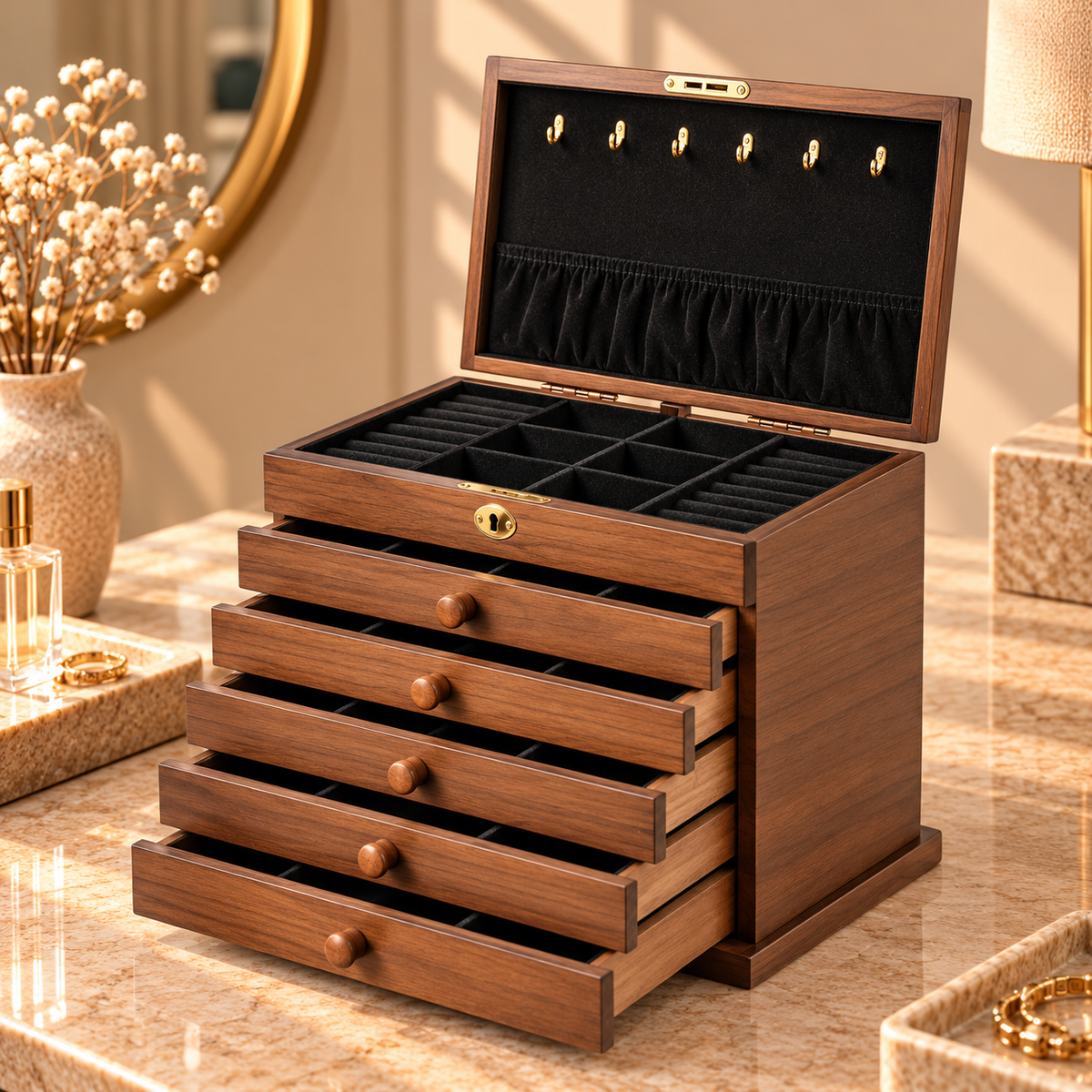 Coffret à bijoux en bois avec miroir intégré