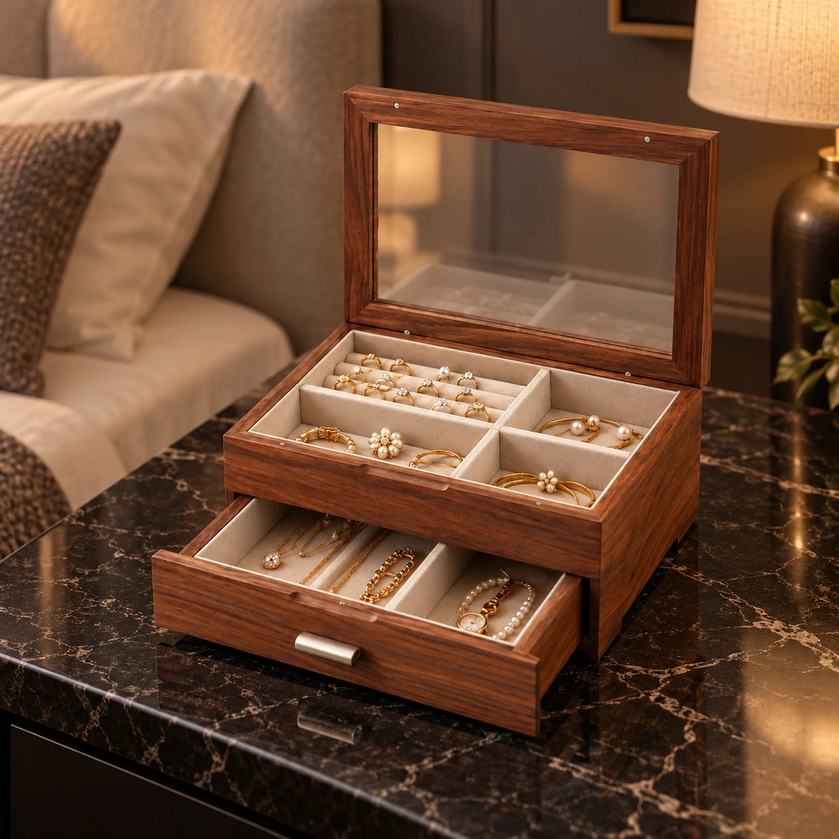 Boîte à Bijoux Bicolore Noyer & Cerisier — Maison Kidora · Vue lifestyle