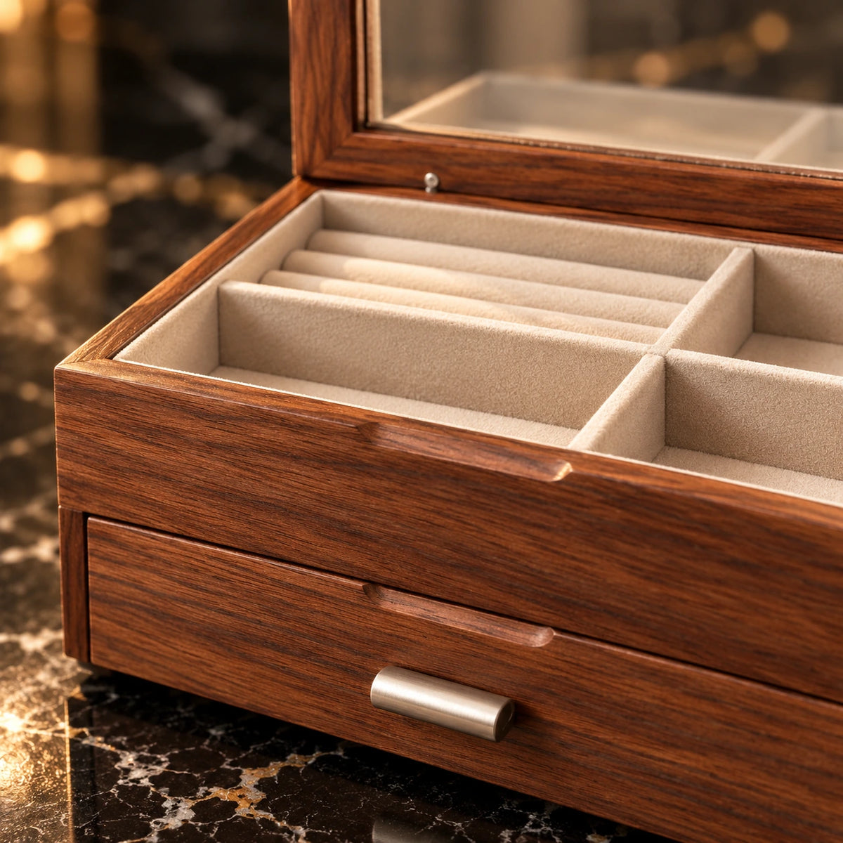 Boîte à Bijoux Bicolore Noyer & Cerisier — Maison Kidora · Détail de finition