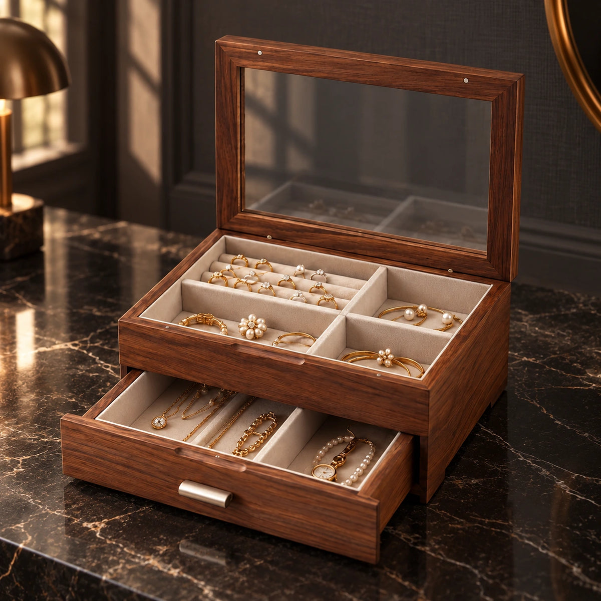 Boîte à Bijoux Bicolore Noyer & Cerisier — Maison Kidora · Vue principale sur marbre noir