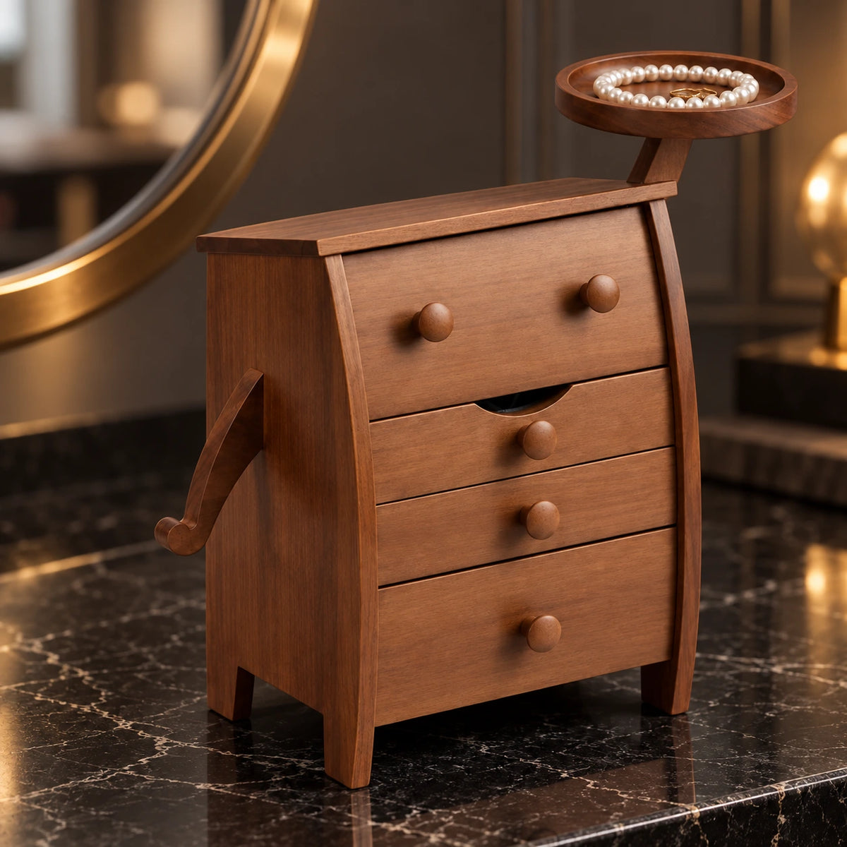 Boîte à Bijoux Bois Massif – Motif Sculpté — Maison Kidora · Vue principale sur marbre noir