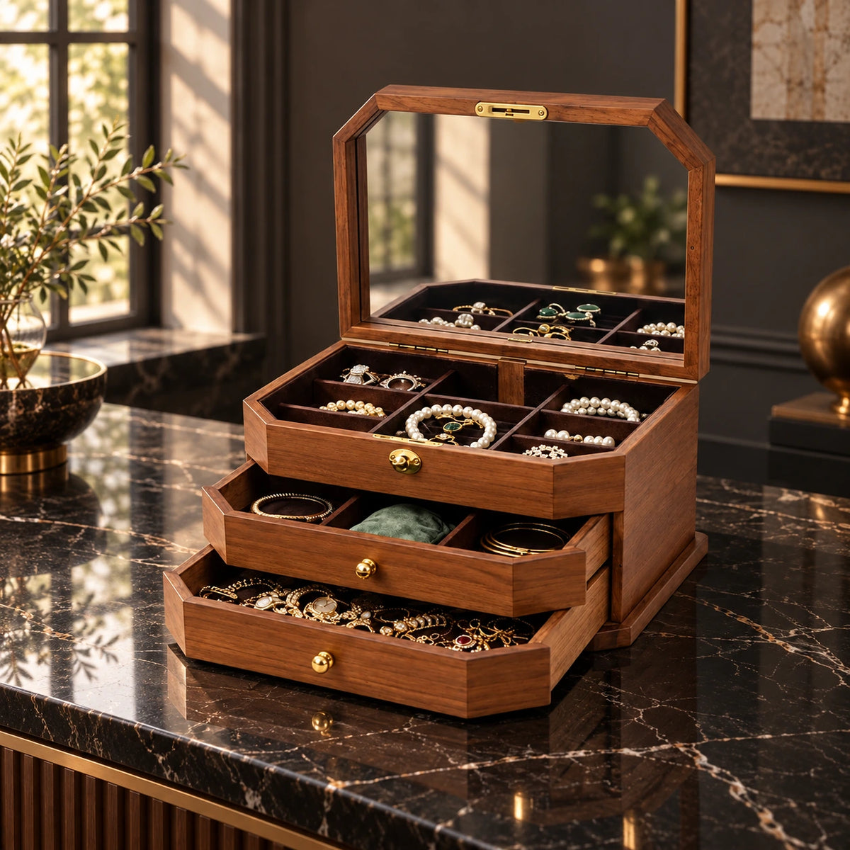 Boîte à Bijoux Bois – Miroir & Serrure 3 Niveaux — Maison Kidora · Vue lifestyle