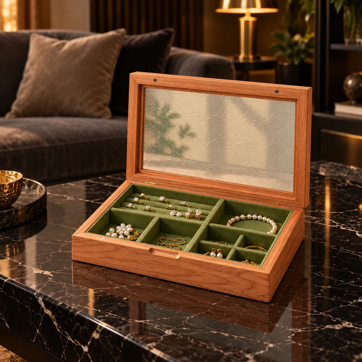 Boîte à Bijoux Compacte Noyer & Cerisier — Maison Kidora · Vue lifestyle