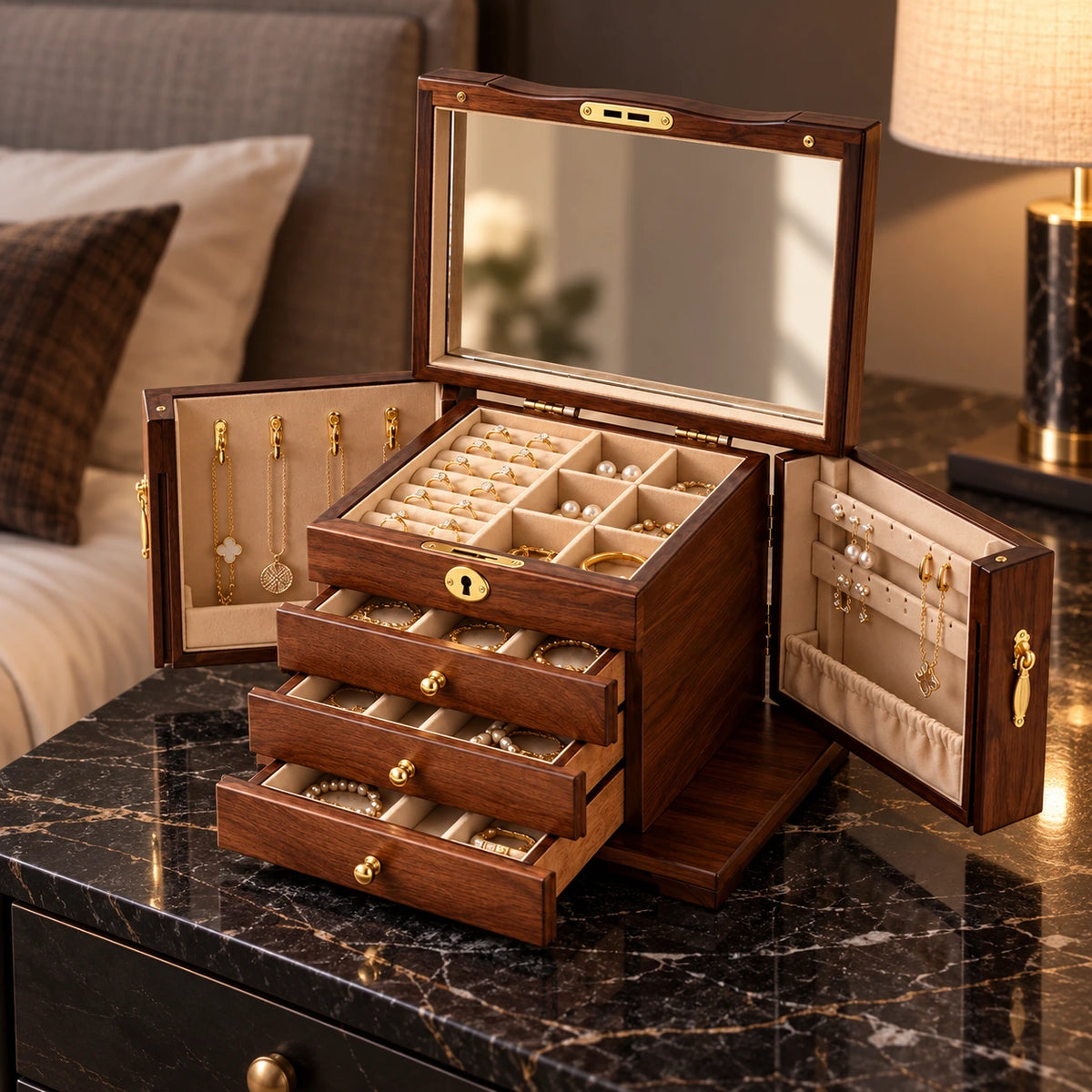 Boîte à Bijoux Noyer – 5 Tiroirs Porte Vitrée — Maison Kidora · Vue lifestyle