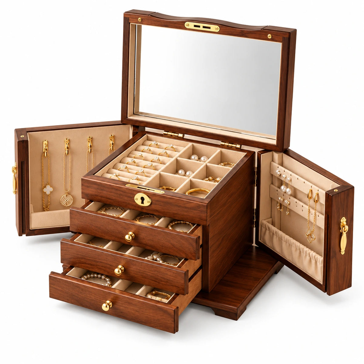 Boîte à Bijoux Noyer – 5 Tiroirs Porte Vitrée — Maison Kidora · Vue sur fond blanc