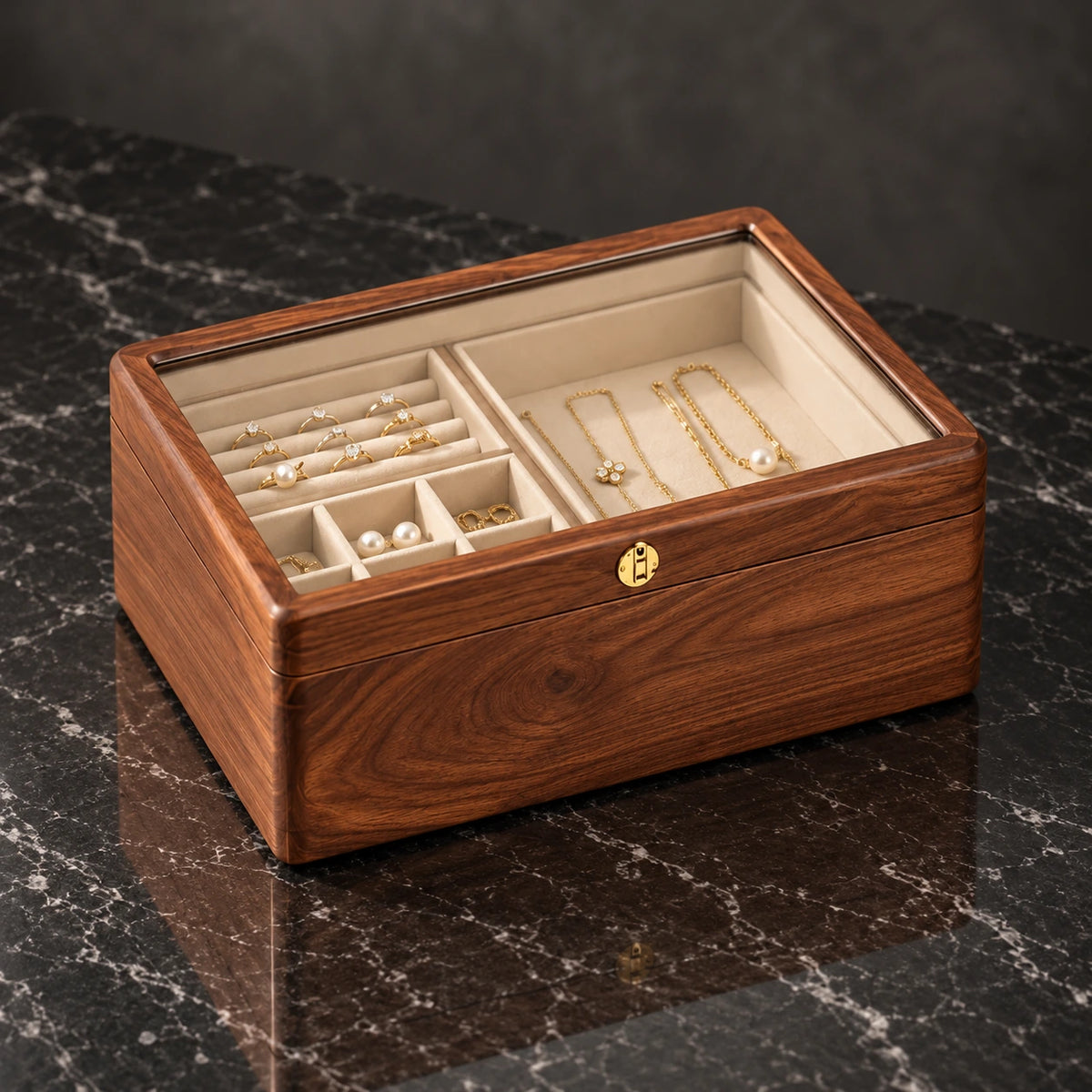 Boîte à Bijoux Noyer – Couvercle Vitré — Maison Kidora · Autre angle