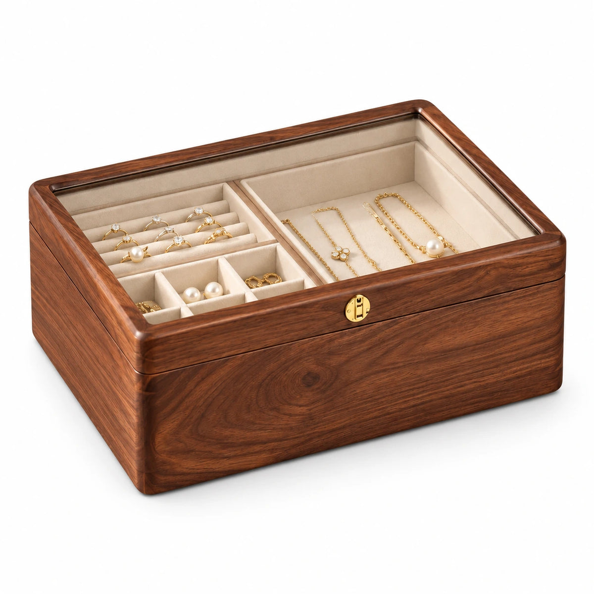 Boîte à Bijoux Noyer – Couvercle Vitré — Maison Kidora · Vue sur fond blanc