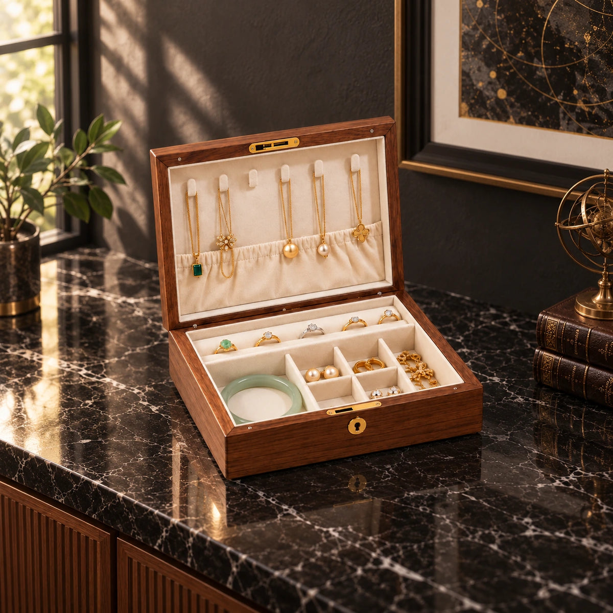 Boîte à Bijoux Noyer – Décor Zodiaque — Maison Kidora · Vue lifestyle