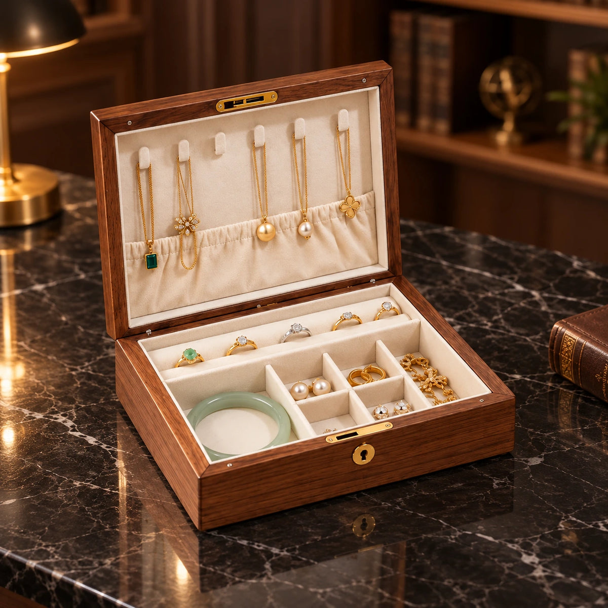 Boîte à Bijoux Noyer – Décor Zodiaque — Maison Kidora · Vue principale sur marbre noir
