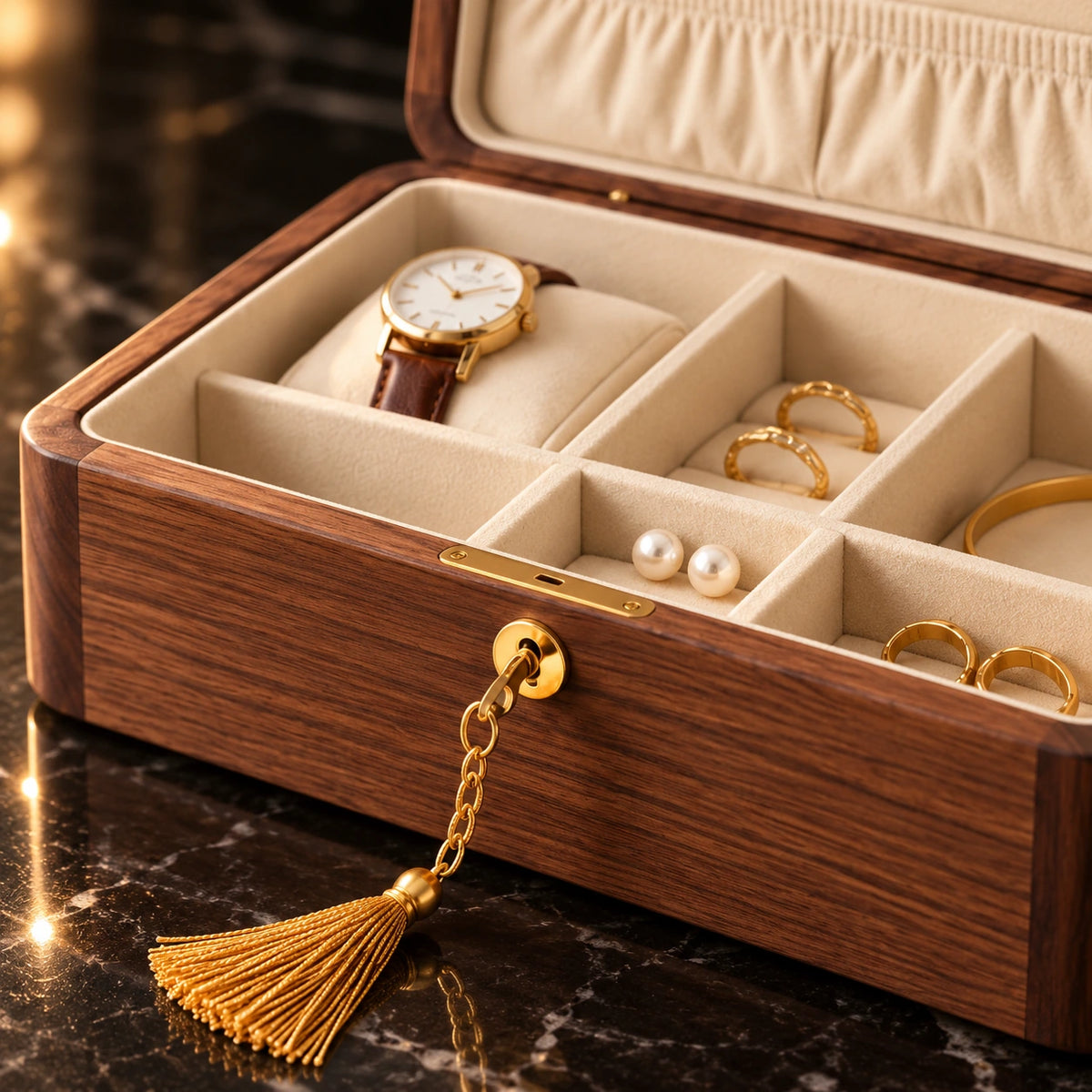 Boîte à Bijoux Noyer – Fermeture au Choix — Maison Kidora · Détail de finition