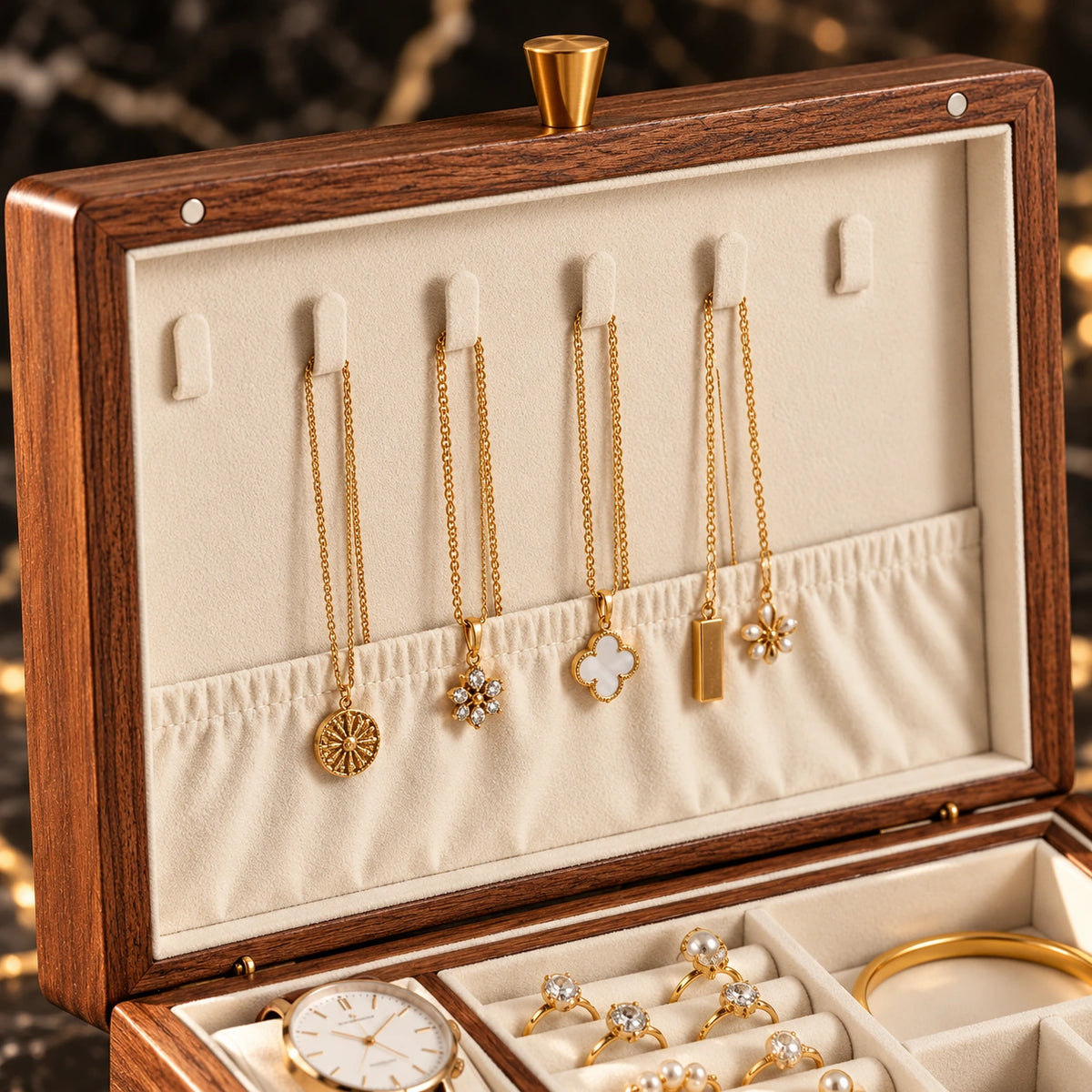 Boîte à Bijoux Noyer – Plateau Amovible — Maison Kidora · Détail de finition