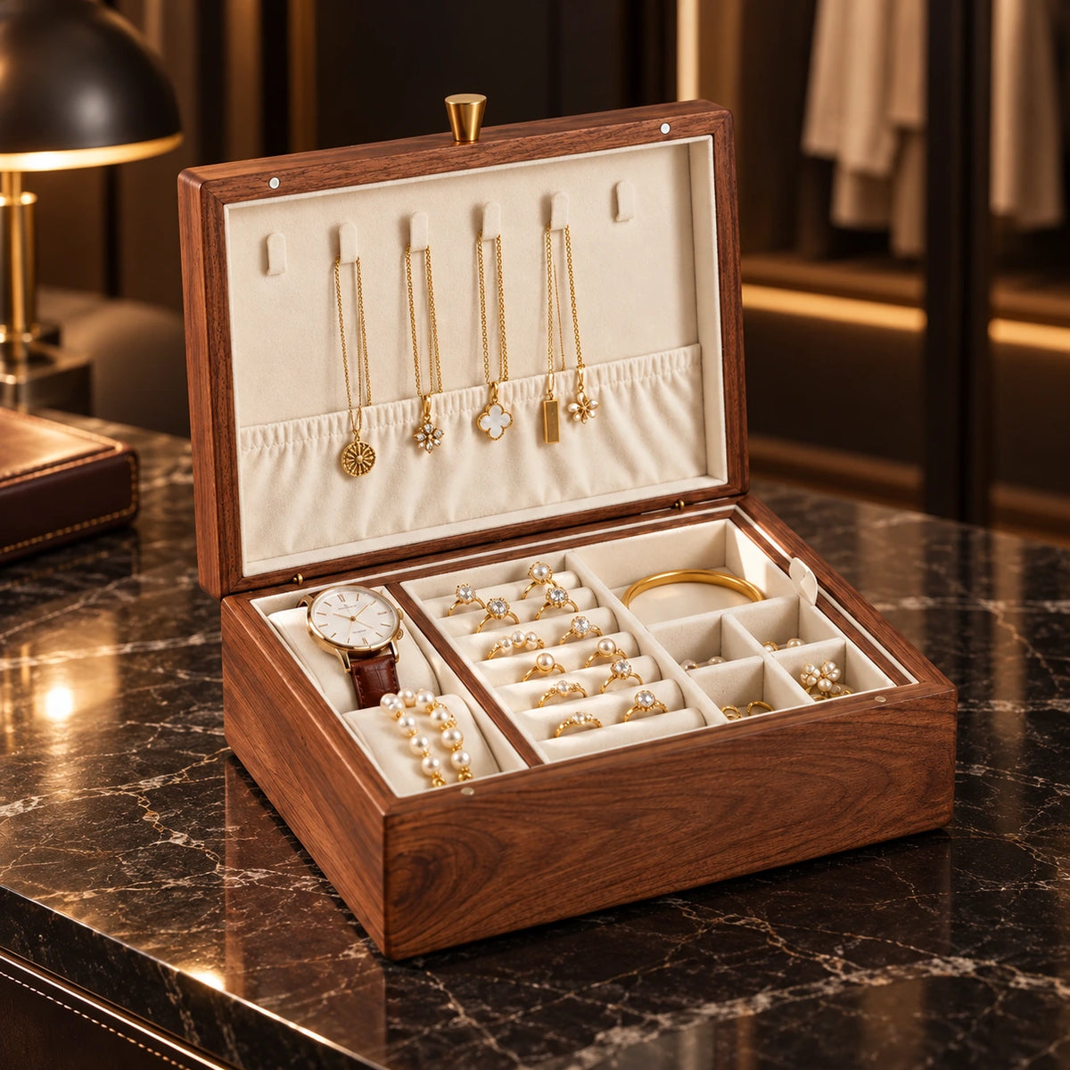 Boîte à Bijoux Noyer – Plateau Amovible — Maison Kidora · Vue principale sur marbre noir