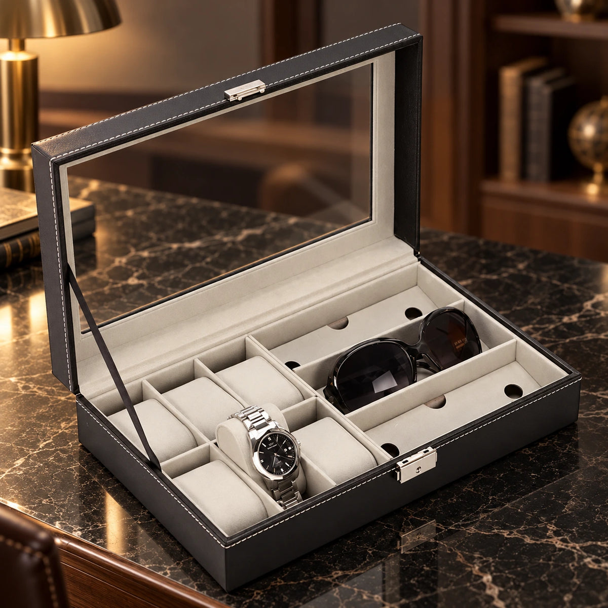 Boîte à Montres et Lunettes — Maison Kidora · Vue principale sur marbre noir