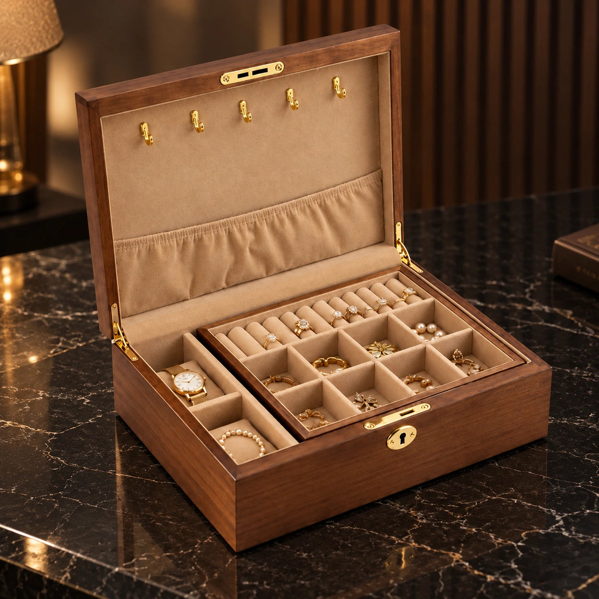Boîte Bois Massif – Bijoux & Montres — Maison Kidora · Vue principale sur marbre noir