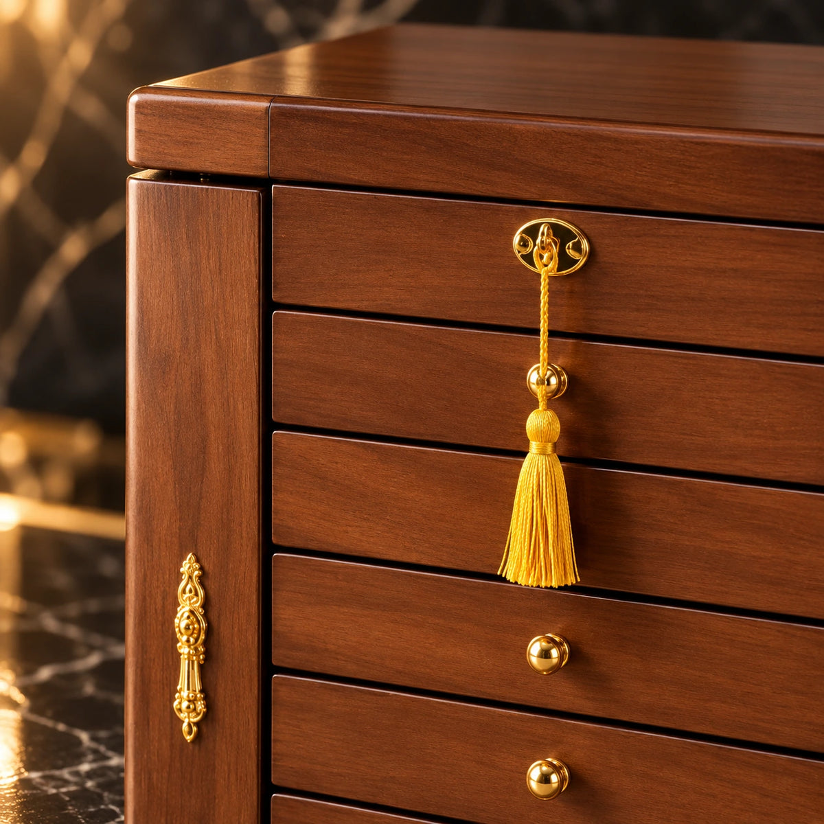Coffret à Bijoux Bois – 7 Niveaux Miroir — Maison Kidora · Détail de finition