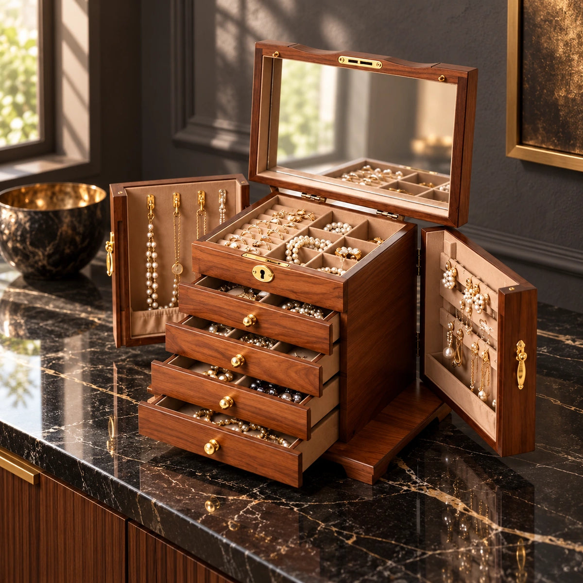 Coffret à Bijoux MDF – 5 Niveaux Miroir — Maison Kidora · Vue lifestyle