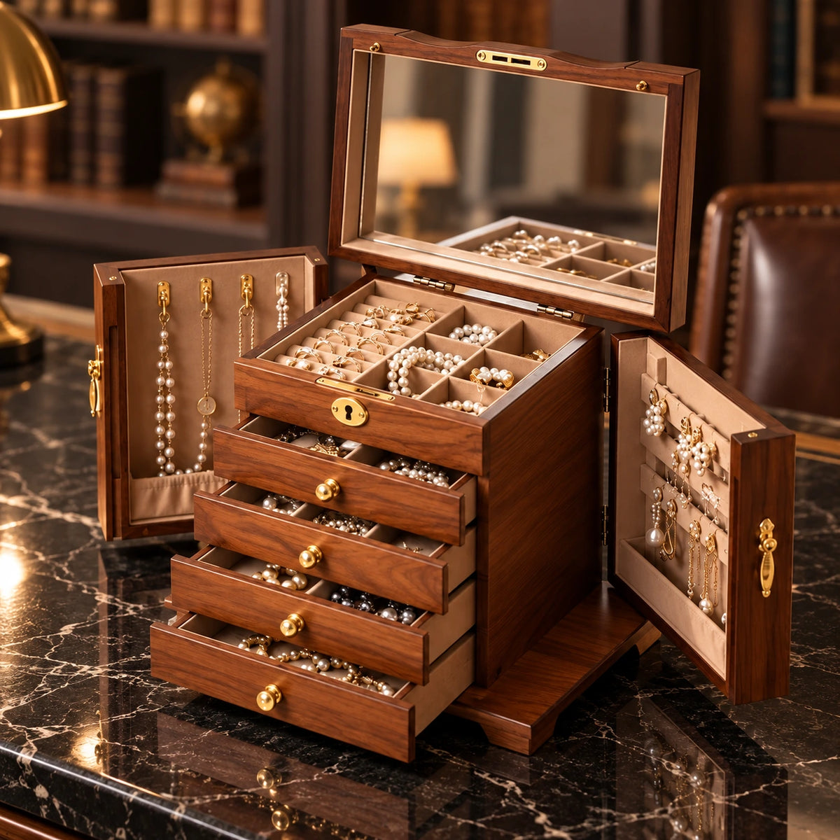 Coffret à Bijoux MDF – 5 Niveaux Miroir — Maison Kidora · Vue principale sur marbre noir