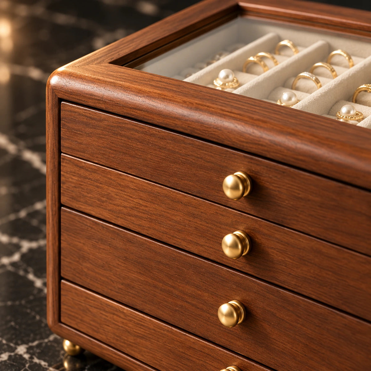 Coffret à Bijoux Vitré – 3 ou 4 Niveaux — Maison Kidora · Détail de finition
