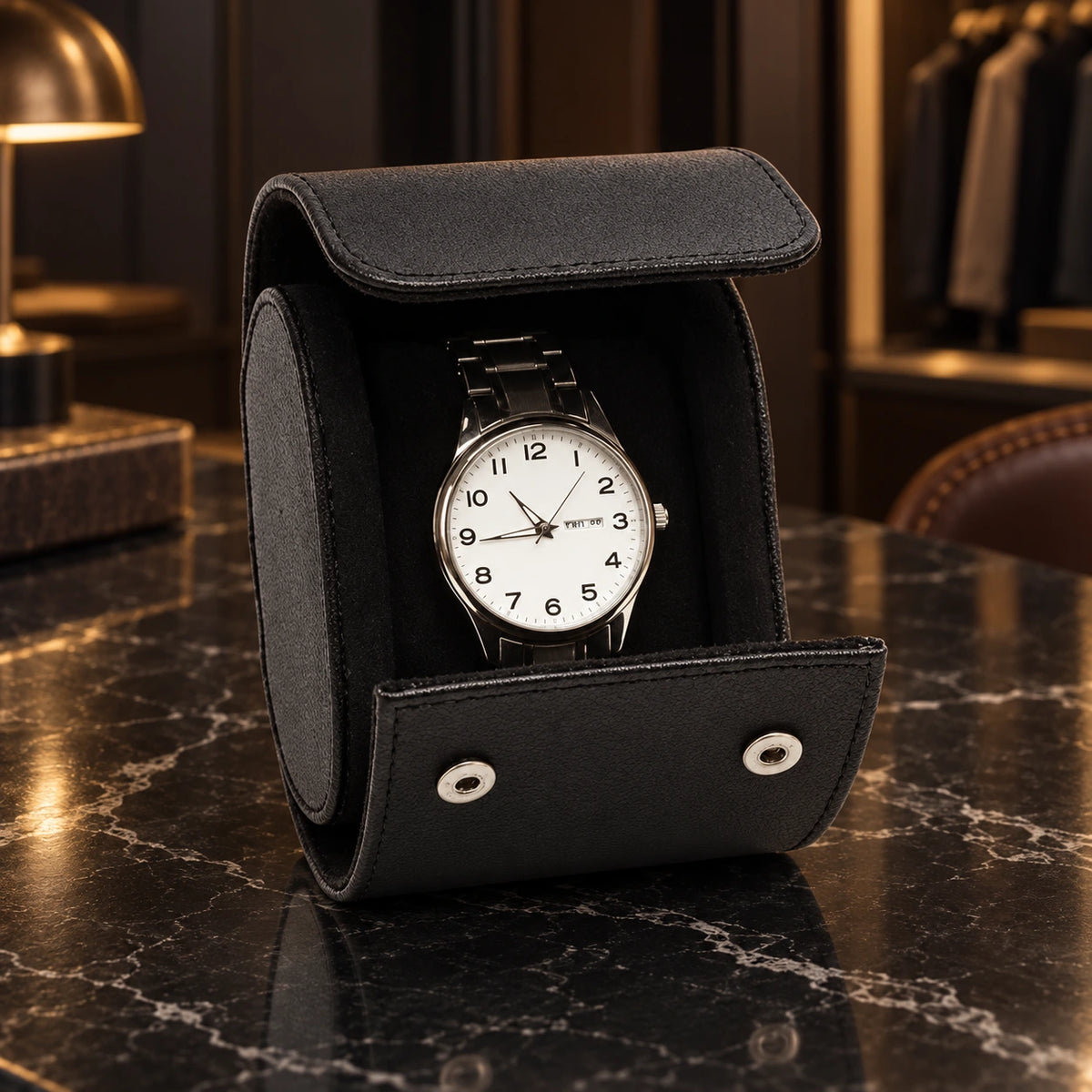 Coffret voyage pour 1 montre — Maison Kidora · Vue principale sur marbre noir
