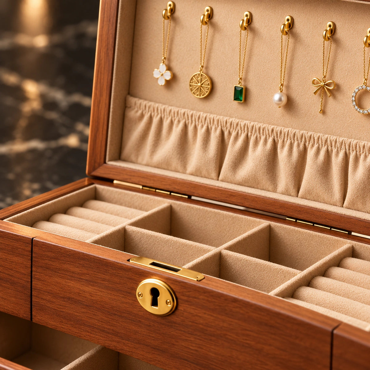 Grand Coffret à Bijoux Vintage – Noyer — Maison Kidora · Détail de finition