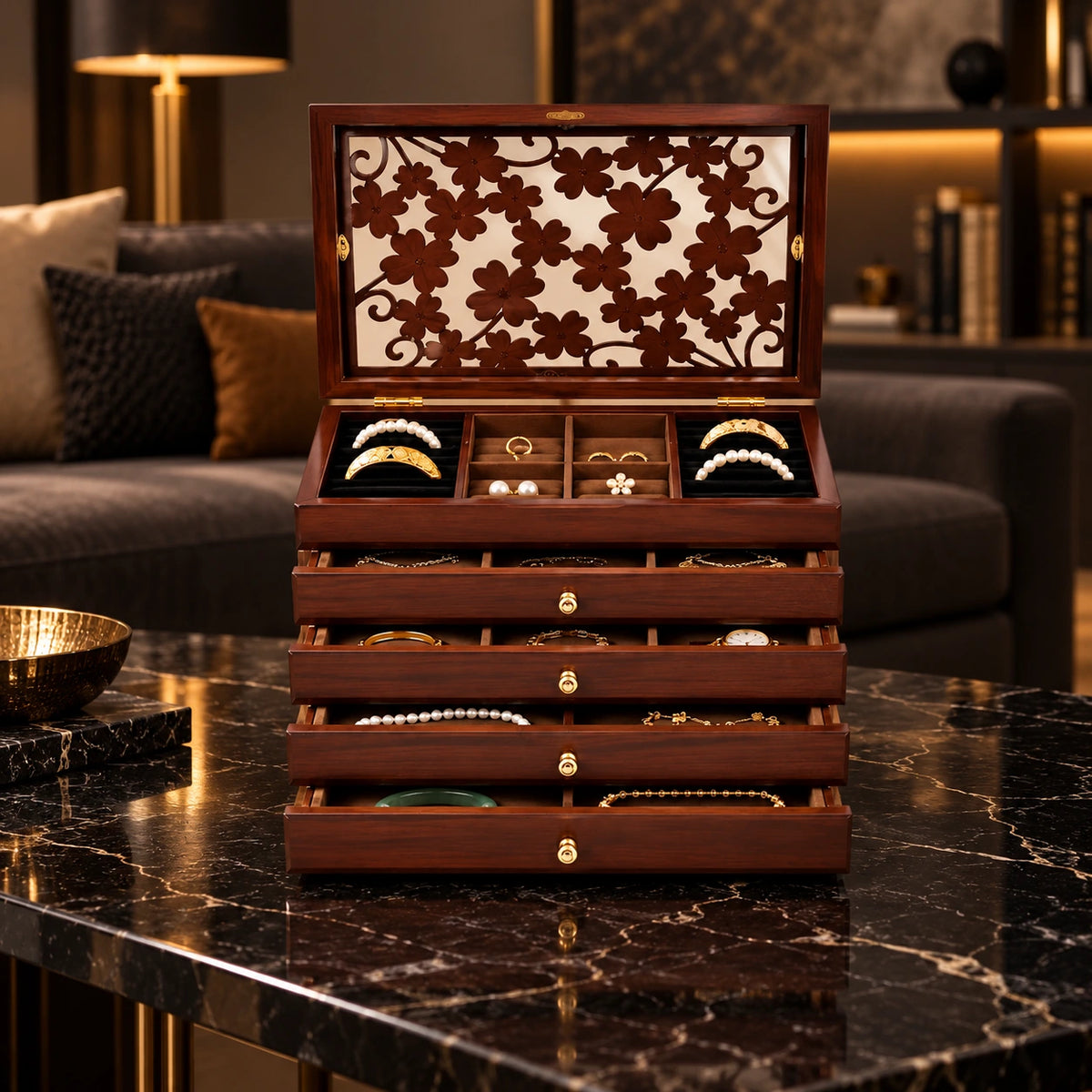 Grand Coffret à Bijoux – 6 Niveaux Vitré — Maison Kidora · Vue lifestyle