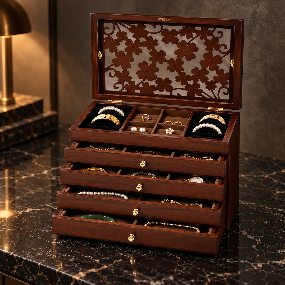 Grand Coffret à Bijoux – 6 Niveaux Vitré — Maison Kidora · Vue principale sur marbre noir
