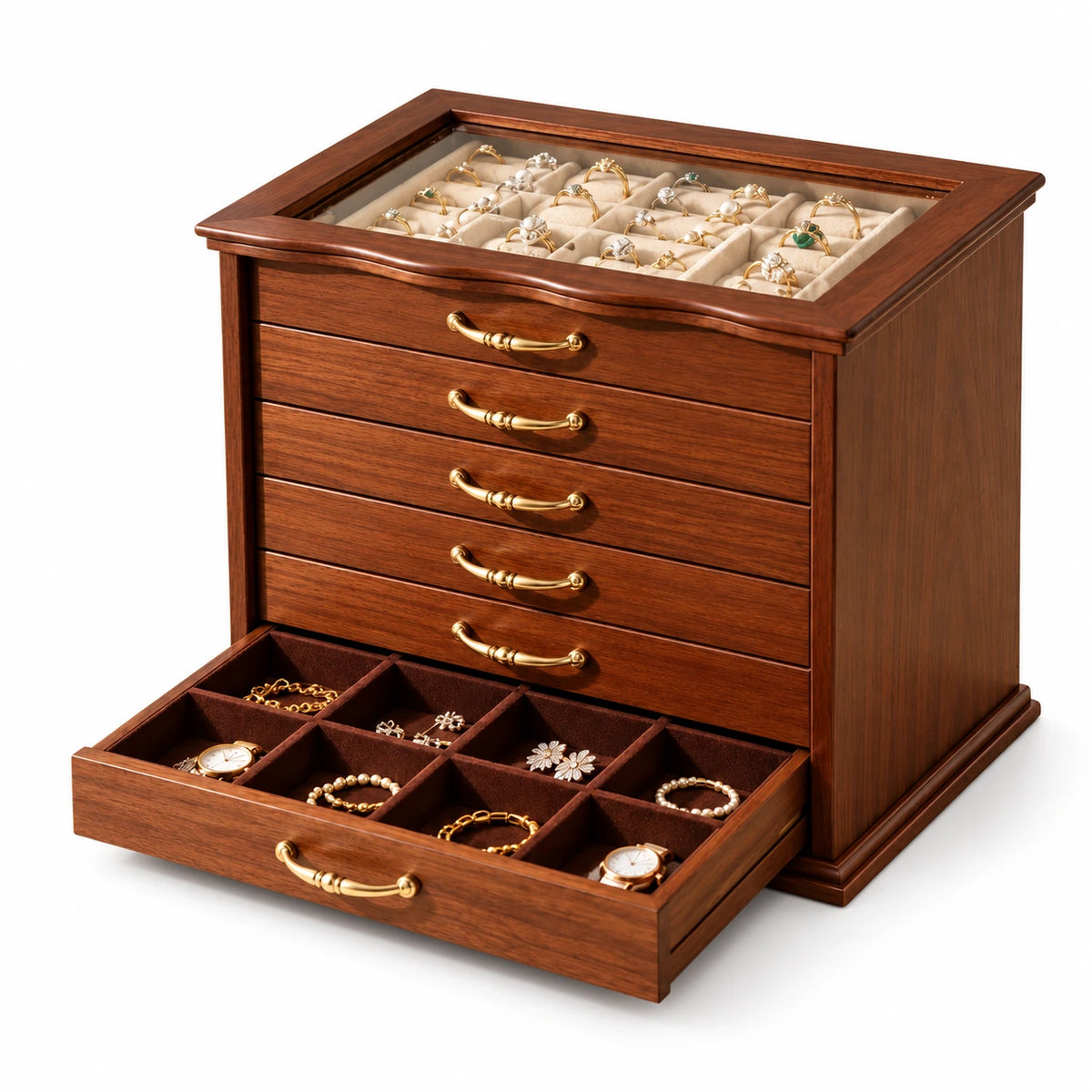 Grande Boîte à Bijoux Bois – 6 Tiroirs Vitrée — Maison Kidora · Vue sur fond blanc