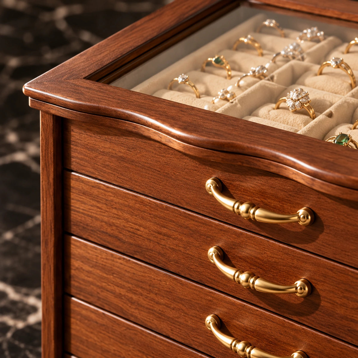 Grande Boîte à Bijoux Bois – 6 Tiroirs Vitrée — Maison Kidora · Détail de finition