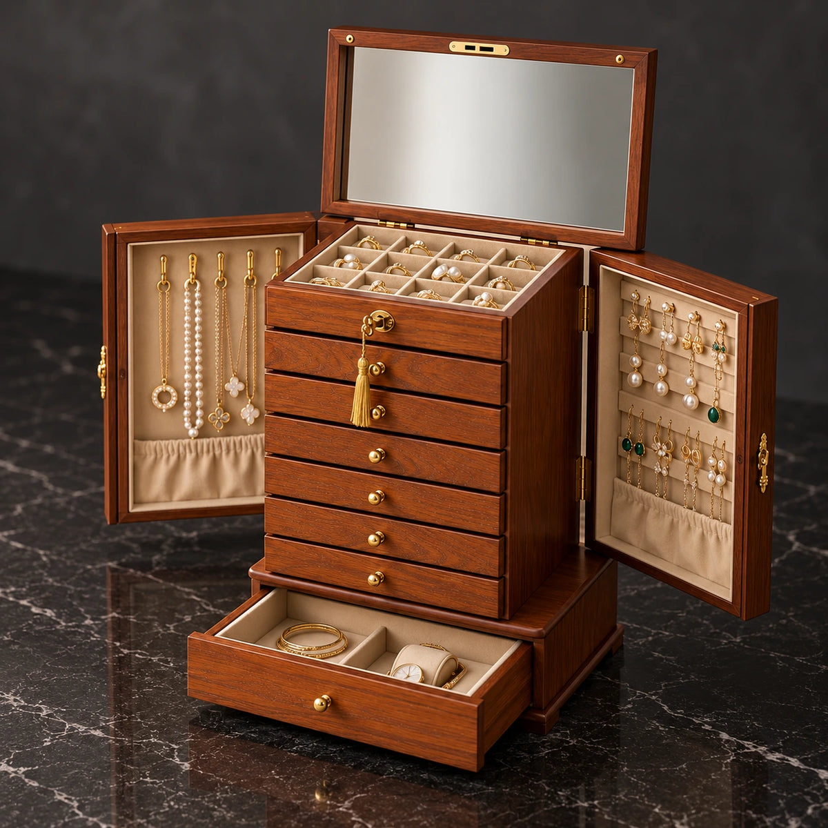 Grande Boîte à Bijoux Bois – 9 Tiroirs Portes — Maison Kidora · Autre angle
