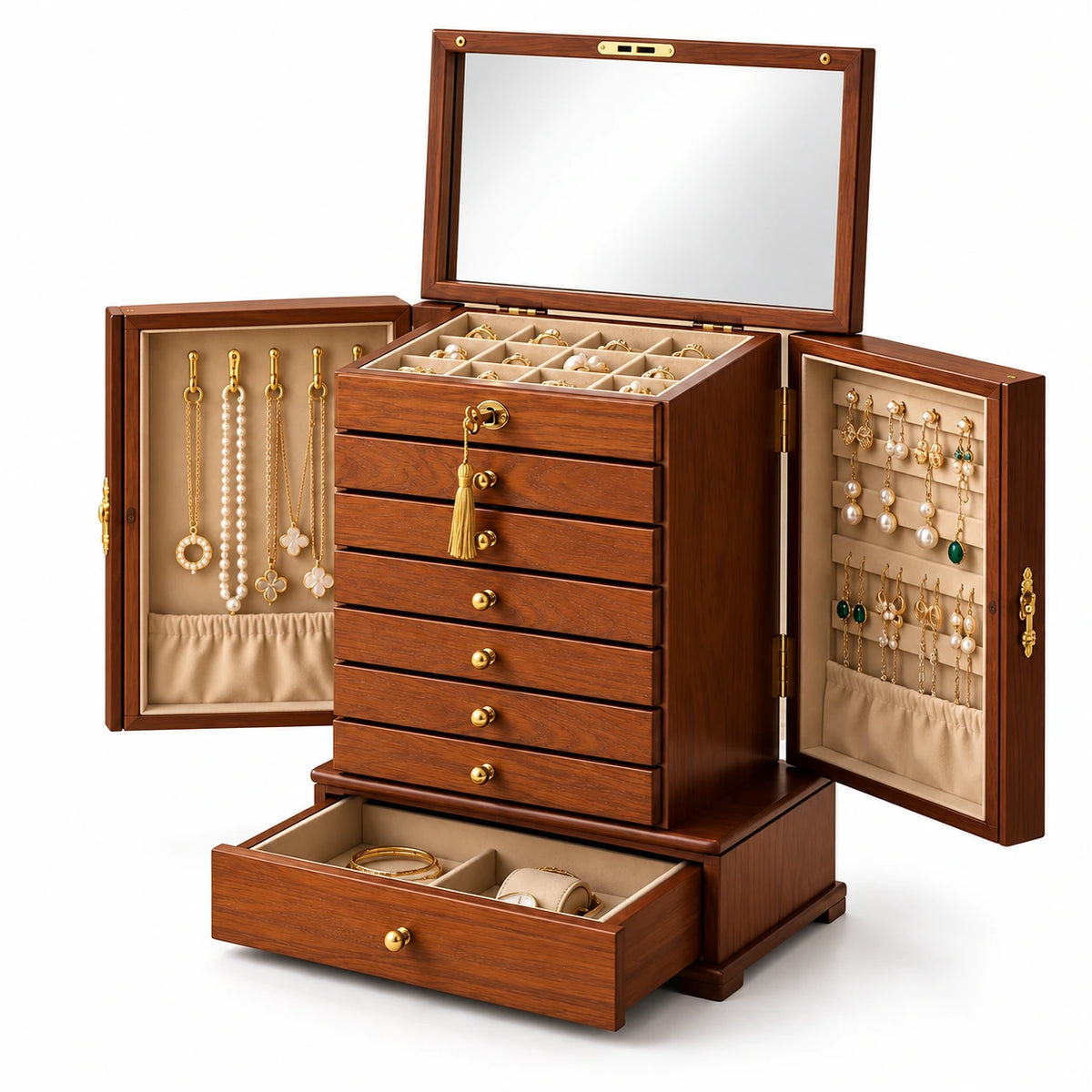 Grande Boîte à Bijoux Bois – 9 Tiroirs Portes — Maison Kidora · Vue sur fond blanc