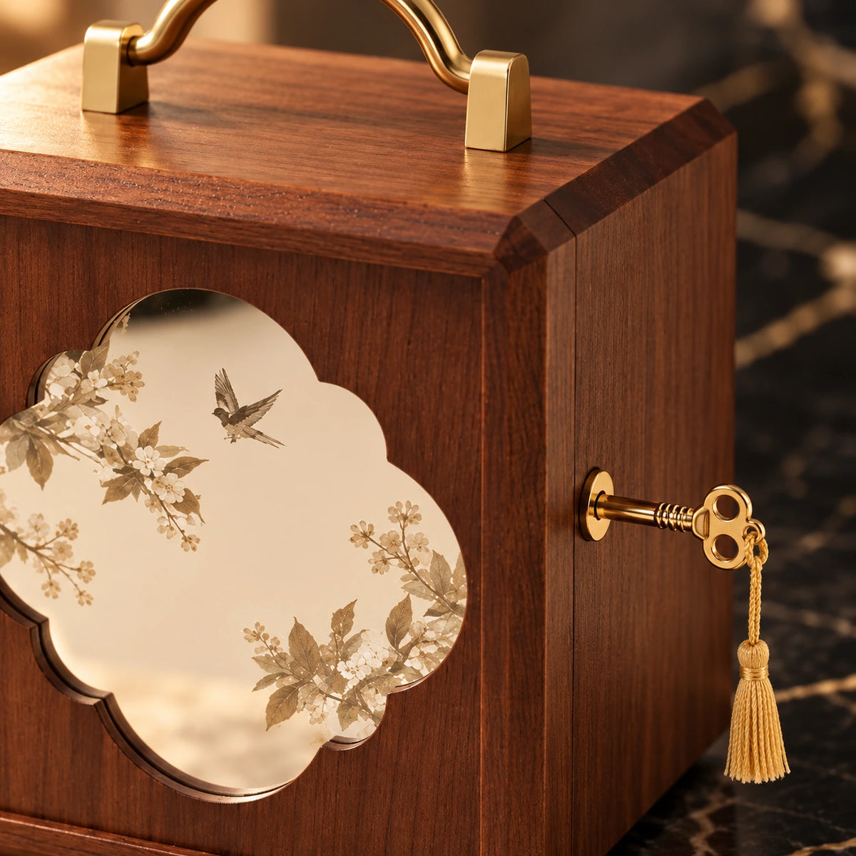 Grande Boîte à Bijoux Bois – Feuilles Dorées — Maison Kidora · Détail de finition