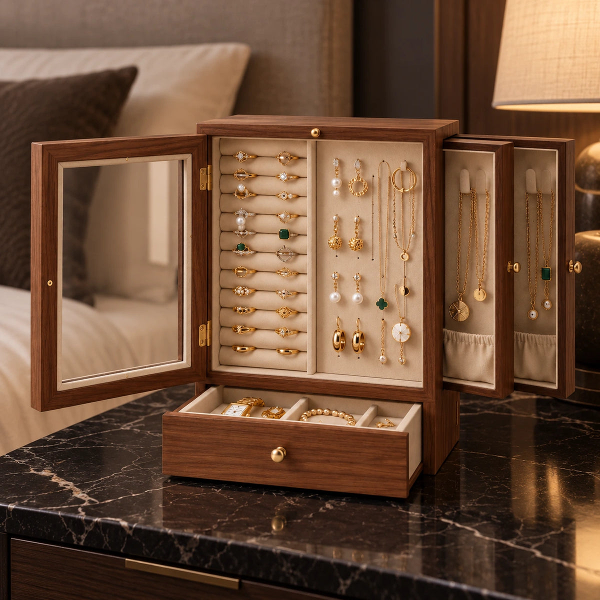 Vitrine à Bijoux Noyer – Façade Vitrée — Maison Kidora · Vue lifestyle