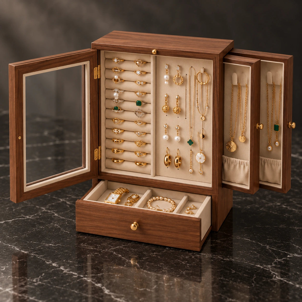 Vitrine à Bijoux Noyer – Façade Vitrée — Maison Kidora · Autre angle