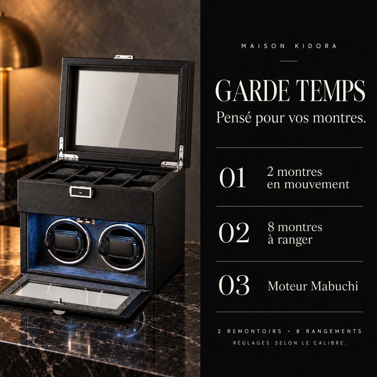 Coffret pour 10 montres – 2 remontoirs et 8 rangements – Garde Temps