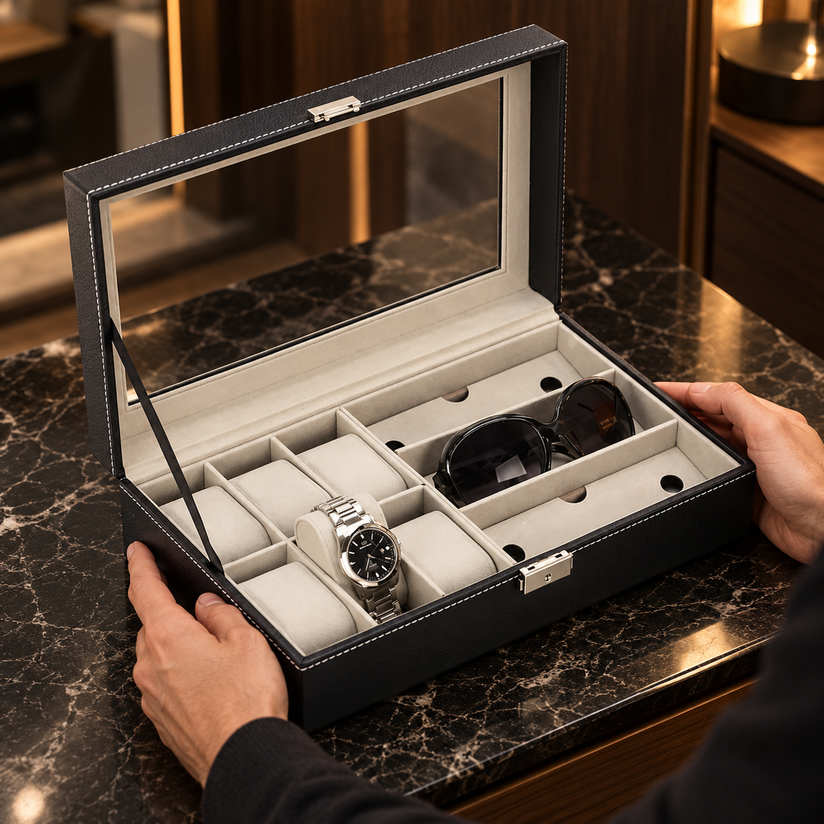 Boîte pour 6 montres et lunettes – Coffret de rangement