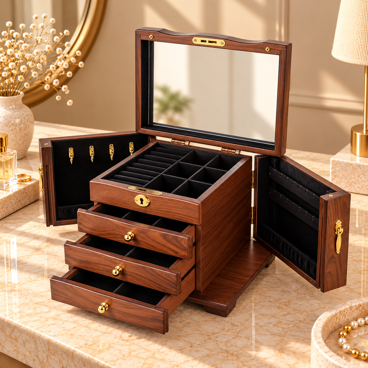 Boîte à bijoux en noyer avec 5 tiroirs et porte vitrée